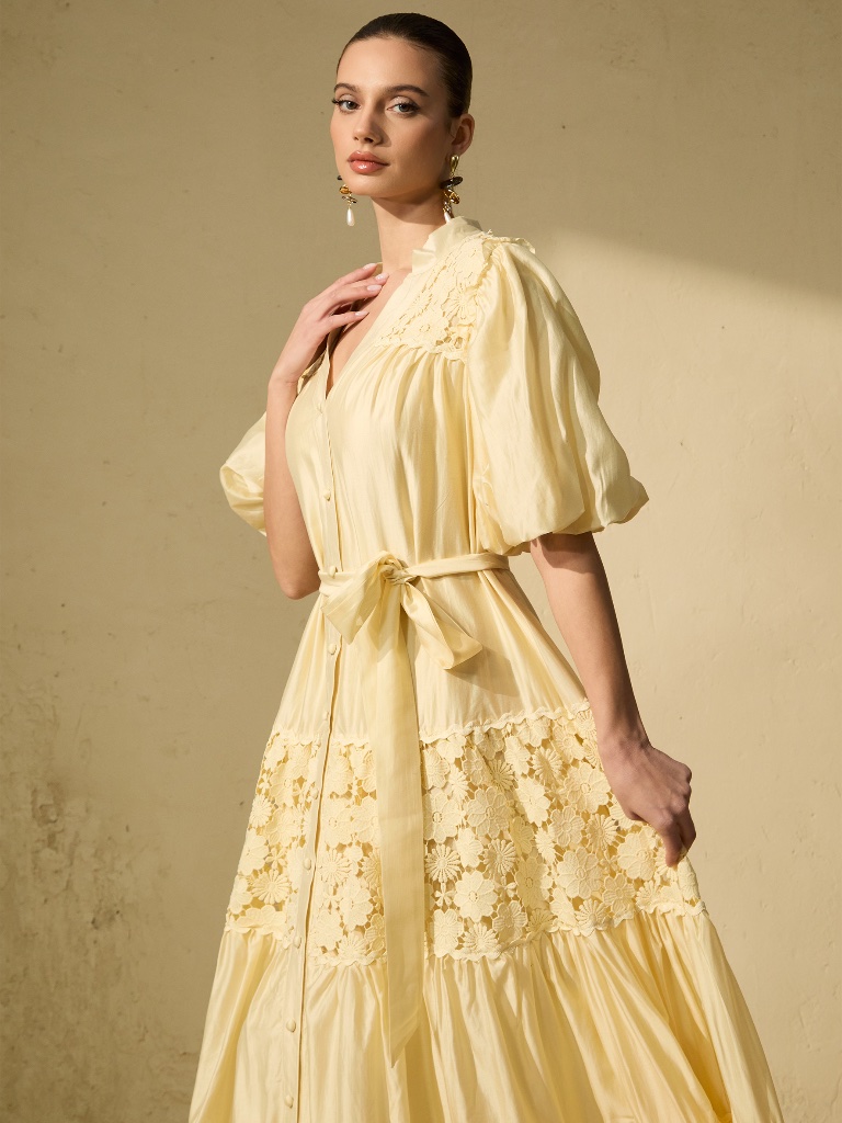 Brand New With Tag Sunfere Floral Lacw Maxi Dress | Butter Yellow | Cottagecore